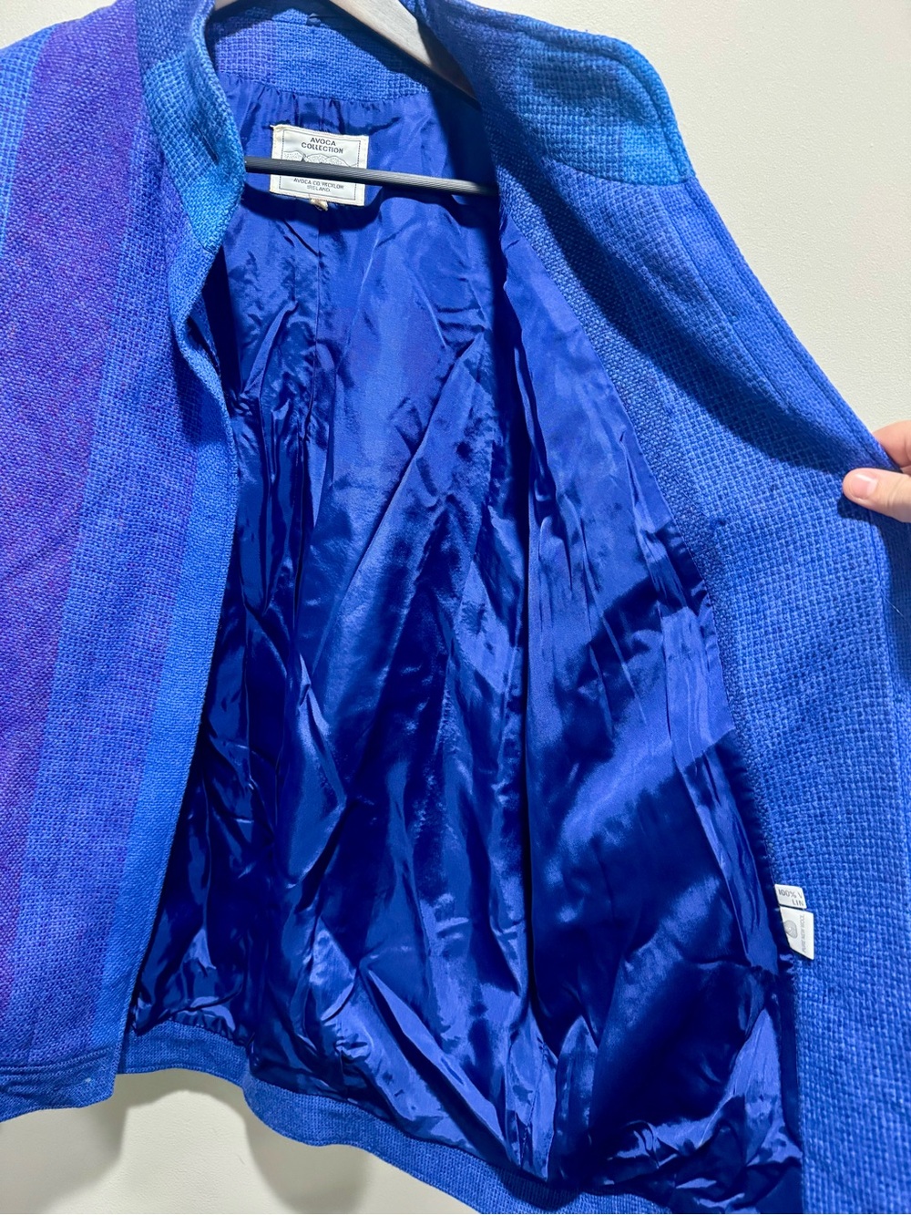 Vtg 80s Avoca Ireland Pure Wool Blue Purple Striped Jacket Unisex M XL - Picture 5 of 9